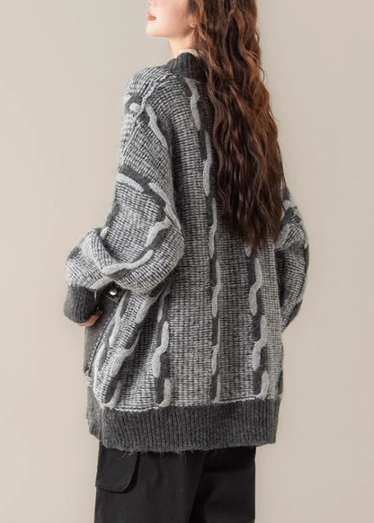 Grey V Neck Pockets Patchwork Knit Coats Spring