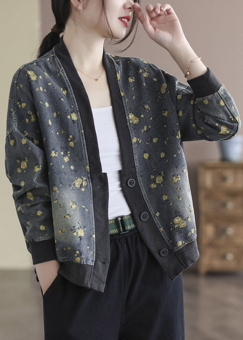 Grey V Neck Print Cotton Denim Coats Spring