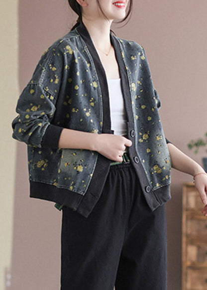 Grey V Neck Print Cotton Denim Coats Spring