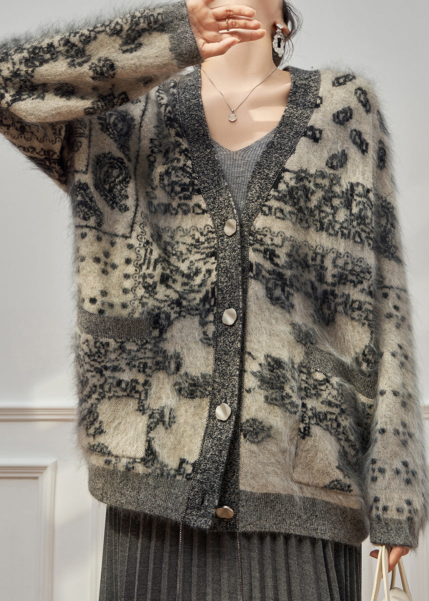 Grey V Neck Print Cotton Knit Cardigan Long Sleeve