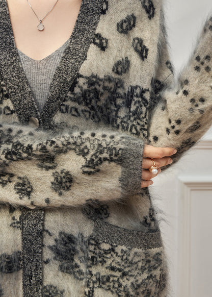 Grey V Neck Print Cotton Knit Cardigan Long Sleeve