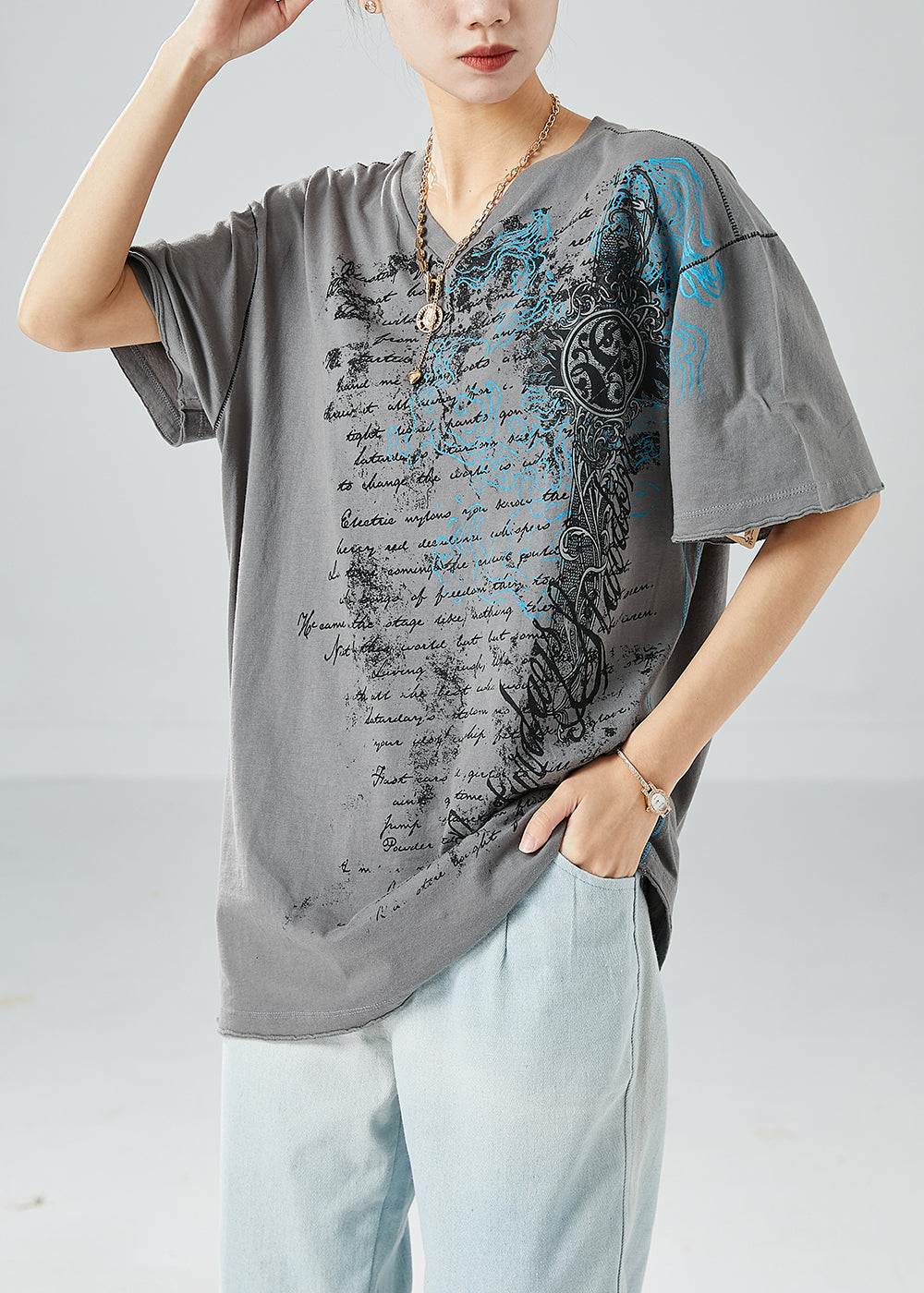 Grey V Neck Print Cotton Tanks Summer