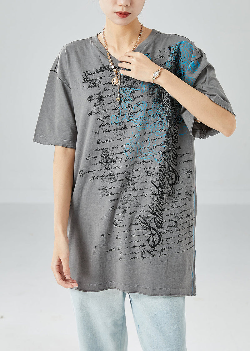 Grey V Neck Print Cotton Tanks Summer
