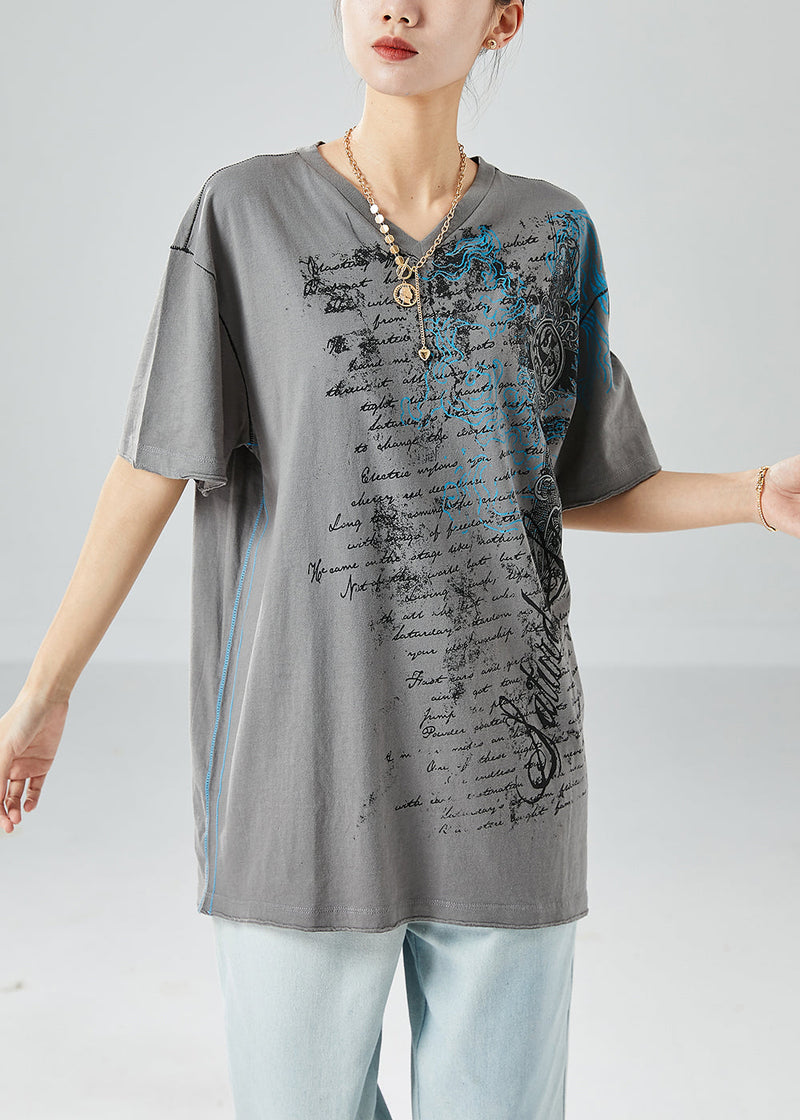 Grey V Neck Print Cotton Tanks Summer