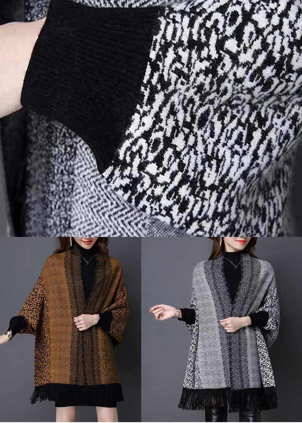 Grey V Neck Tasseled Patchwork Knit Cardigans Fall