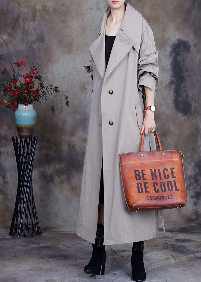 Grey Tie Waist Button Peter Pan Collar Trench Coats Spring