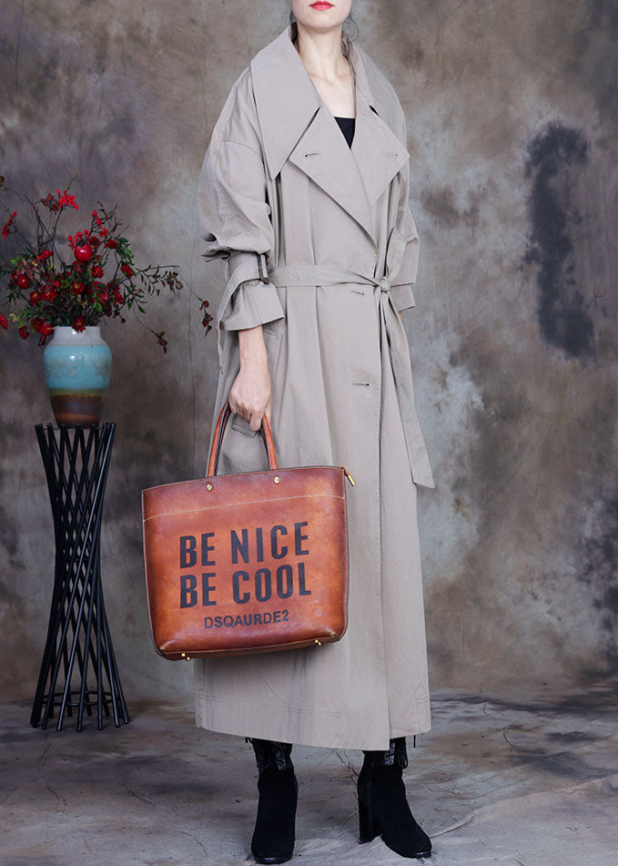 Grey Tie Waist Button Peter Pan Collar Trench Coats Spring