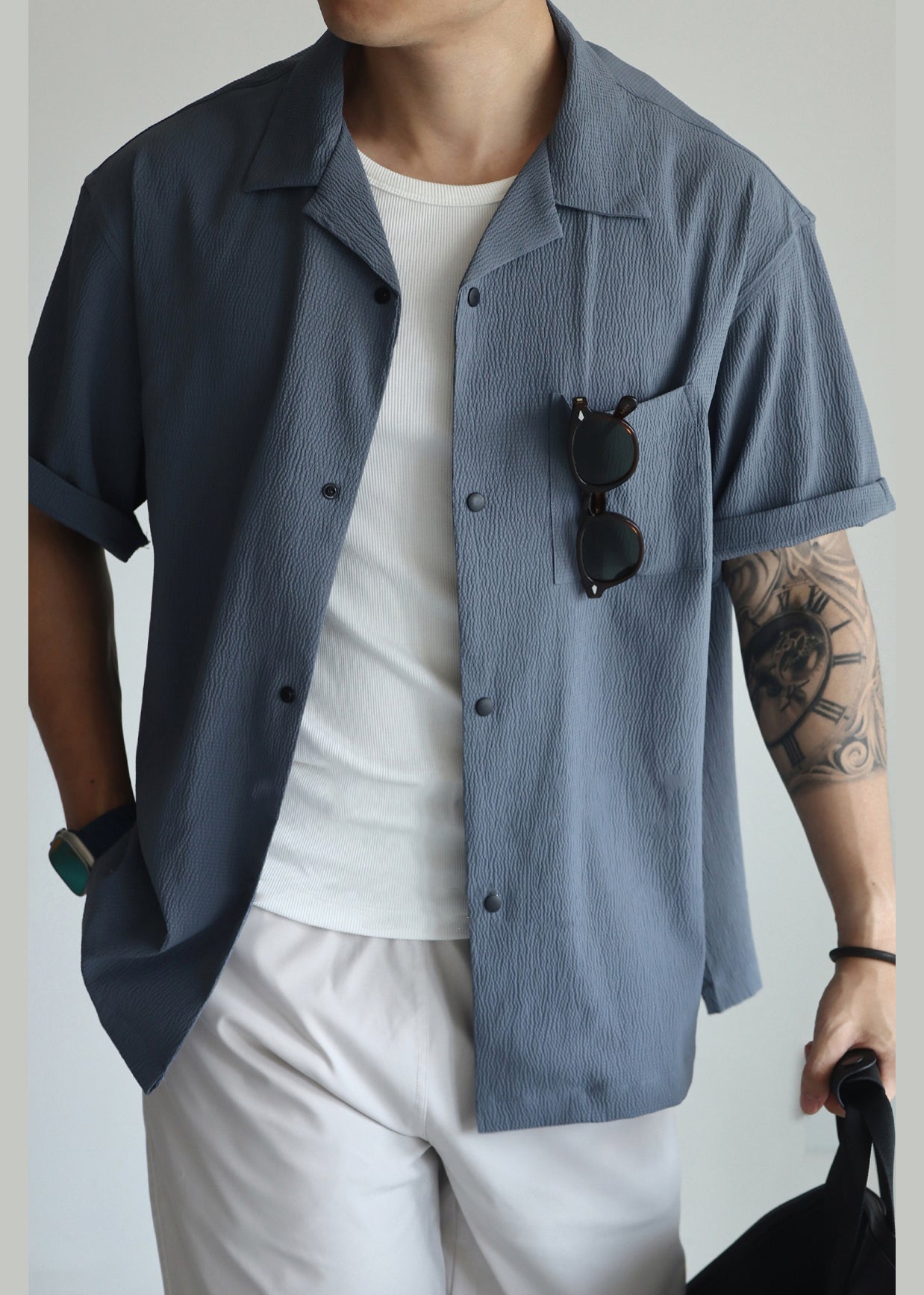 Haze Blue Peter Pan Collar Pockets Cotton Shirts Summer