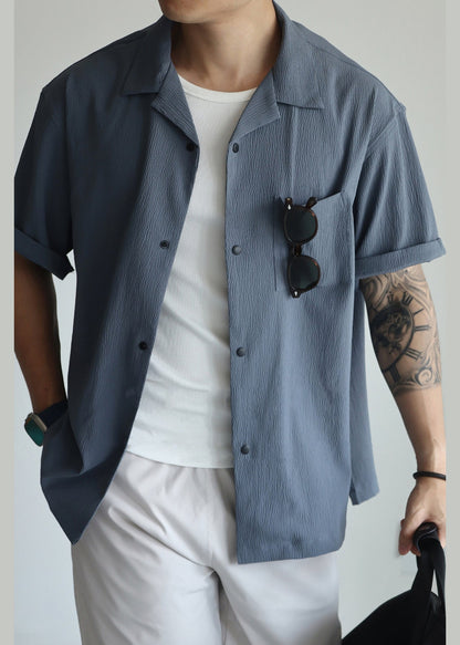 Haze Blue Peter Pan Collar Pockets Cotton Shirts Summer