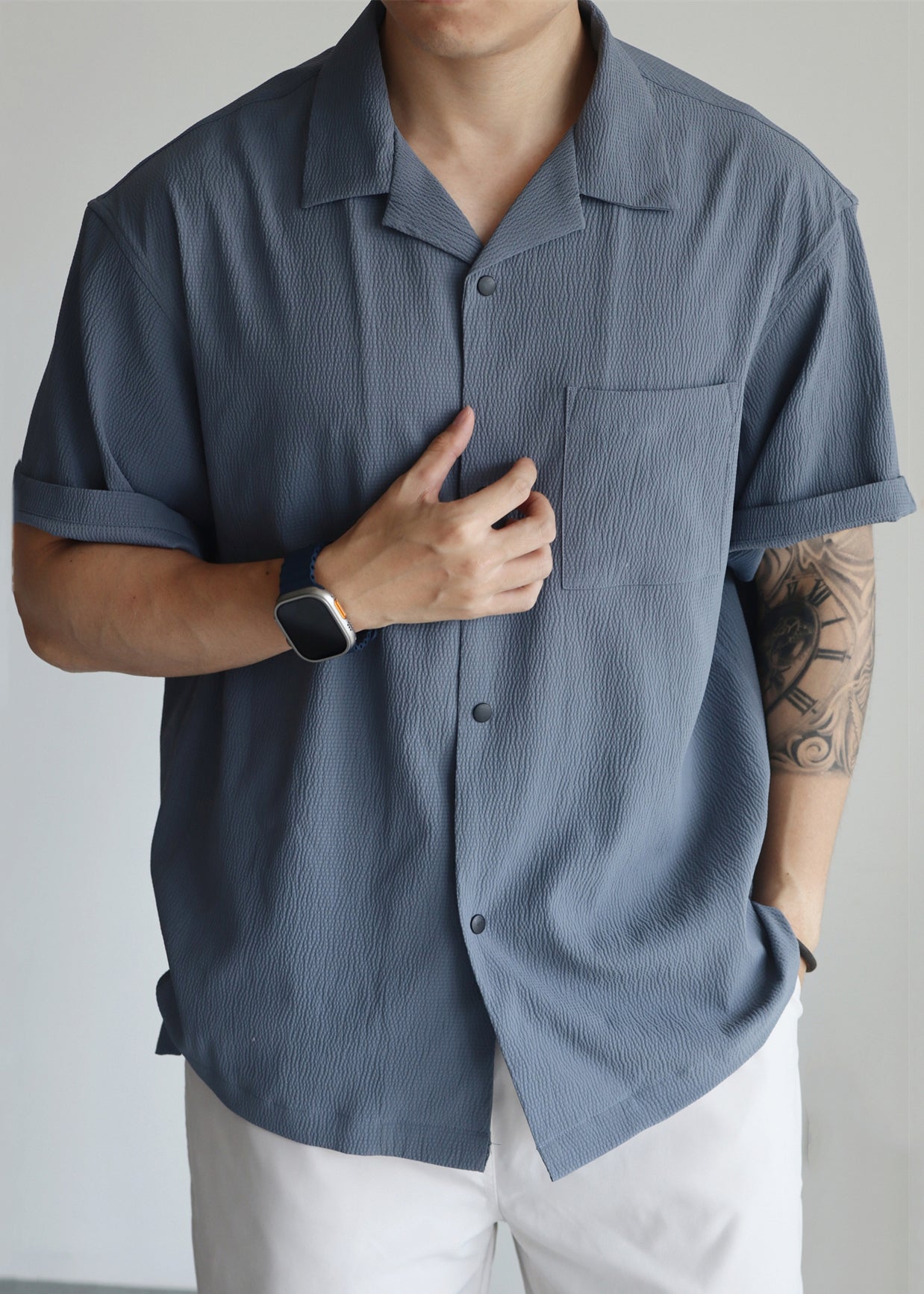 Haze Blue Peter Pan Collar Pockets Cotton Shirts Summer