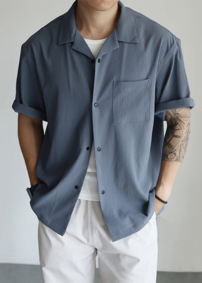 Haze Blue Peter Pan Collar Pockets Cotton Shirts Summer