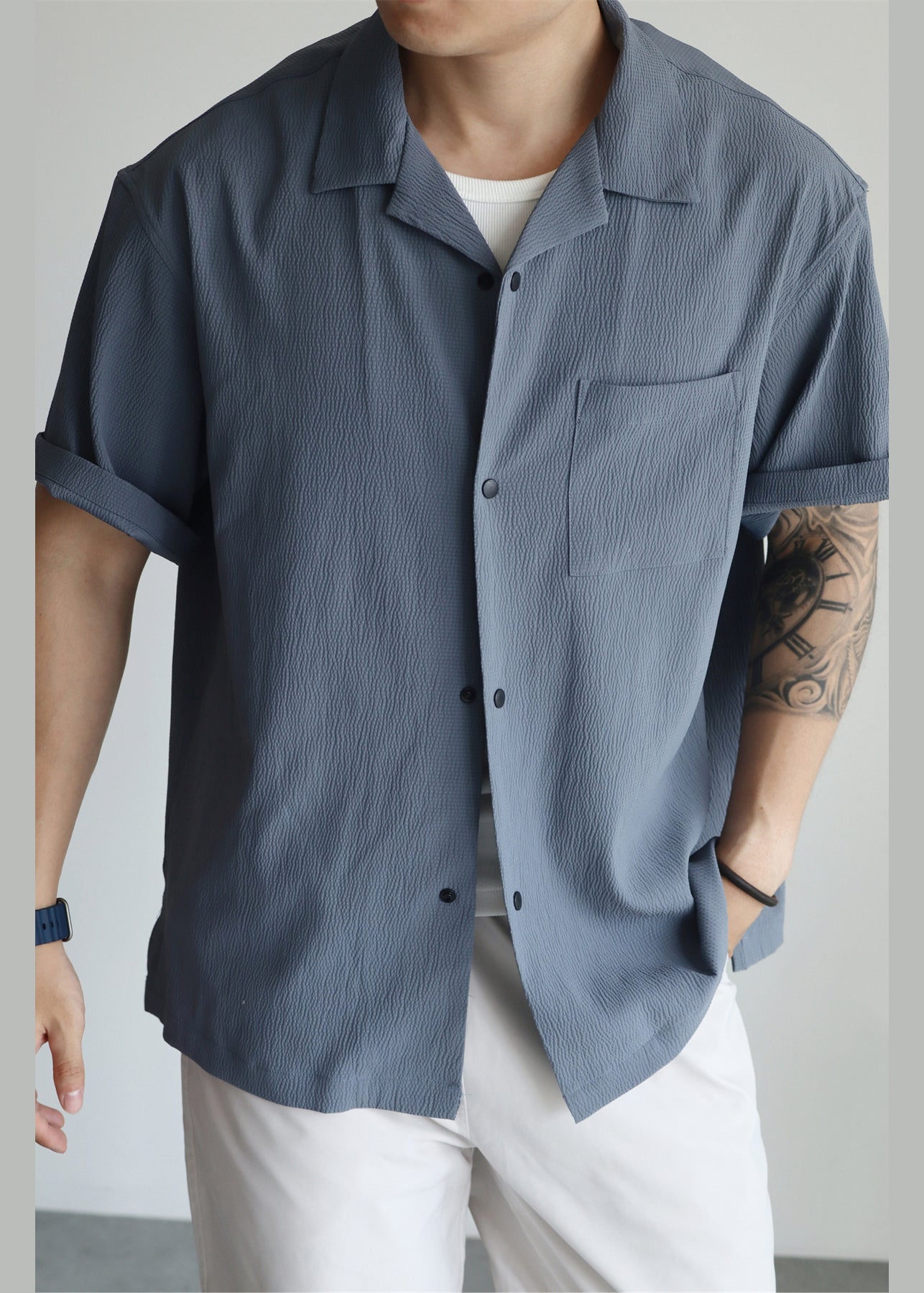 Haze Blue Peter Pan Collar Pockets Cotton Shirts Summer