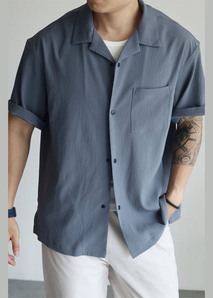 Haze Blue Peter Pan Collar Pockets Cotton Shirts Summer