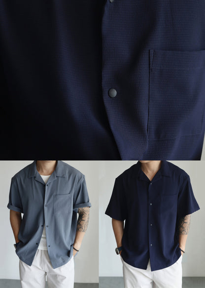 Haze Blue Peter Pan Collar Pockets Cotton Shirts Summer
