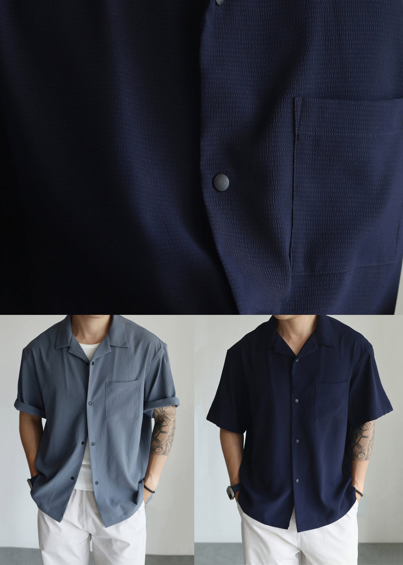 Haze Blue Peter Pan Collar Pockets Cotton Shirts Summer