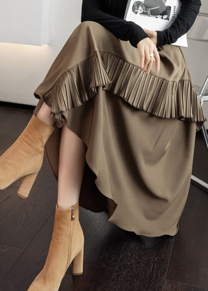 Khaki Asymmetrical Tassel Elastic Waist Silk a Line Skirts Fall