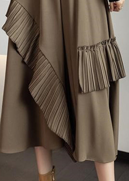 Khaki Asymmetrical Tassel Elastic Waist Silk a Line Skirts Fall