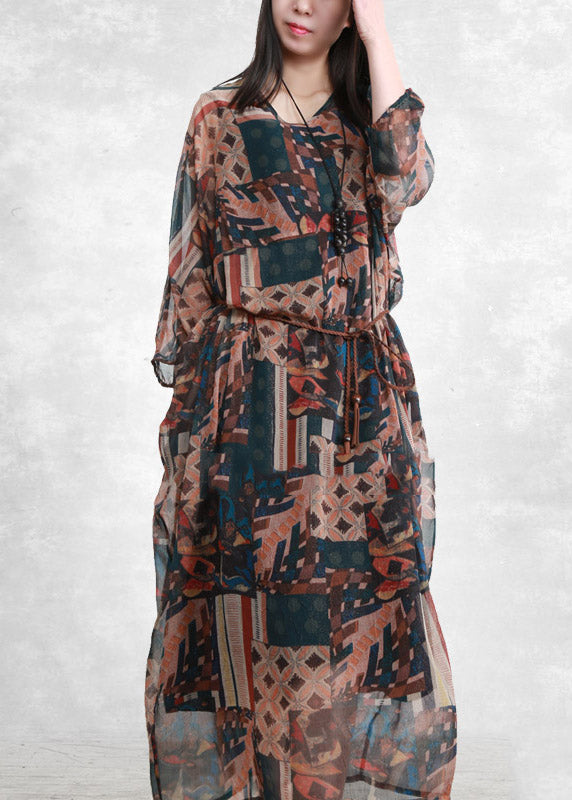 Khaki Blue V Neck Print Pockets Tie Waist Chiffon Dress Three Quarter Sleeve