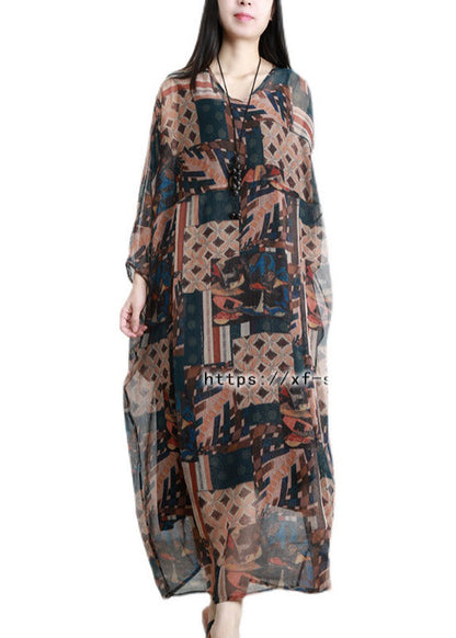 Khaki Blue V Neck Print Pockets Tie Waist Chiffon Dress Three Quarter Sleeve
