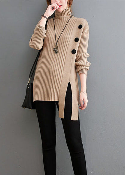 Khaki Button Knit Sweaters Turtle Neck Winter