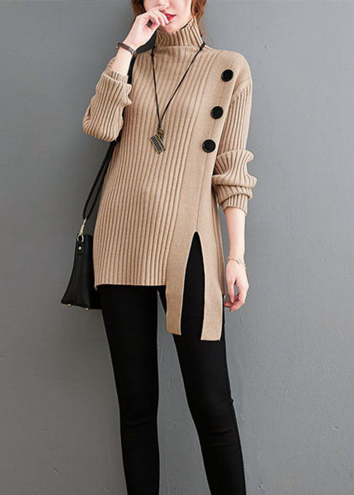 Khaki Button Knit Sweaters Turtle Neck Winter