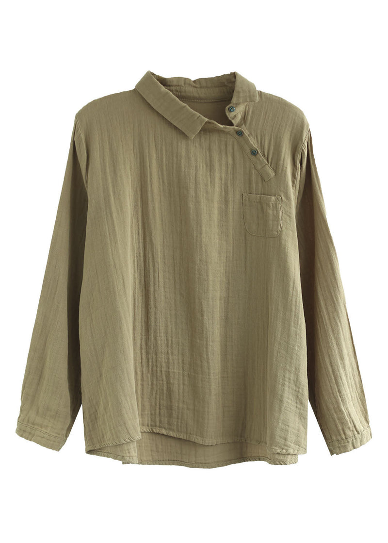 Khaki Button Peter Pan Collar Asymmetrical Design Cotton Tops Long Sleeve