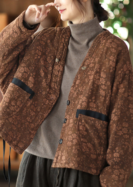 Khaki Button Pockets Patchwork Cotton Coat Fall
