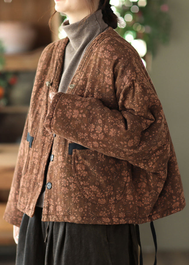 Khaki Button Pockets Patchwork Cotton Coat Fall