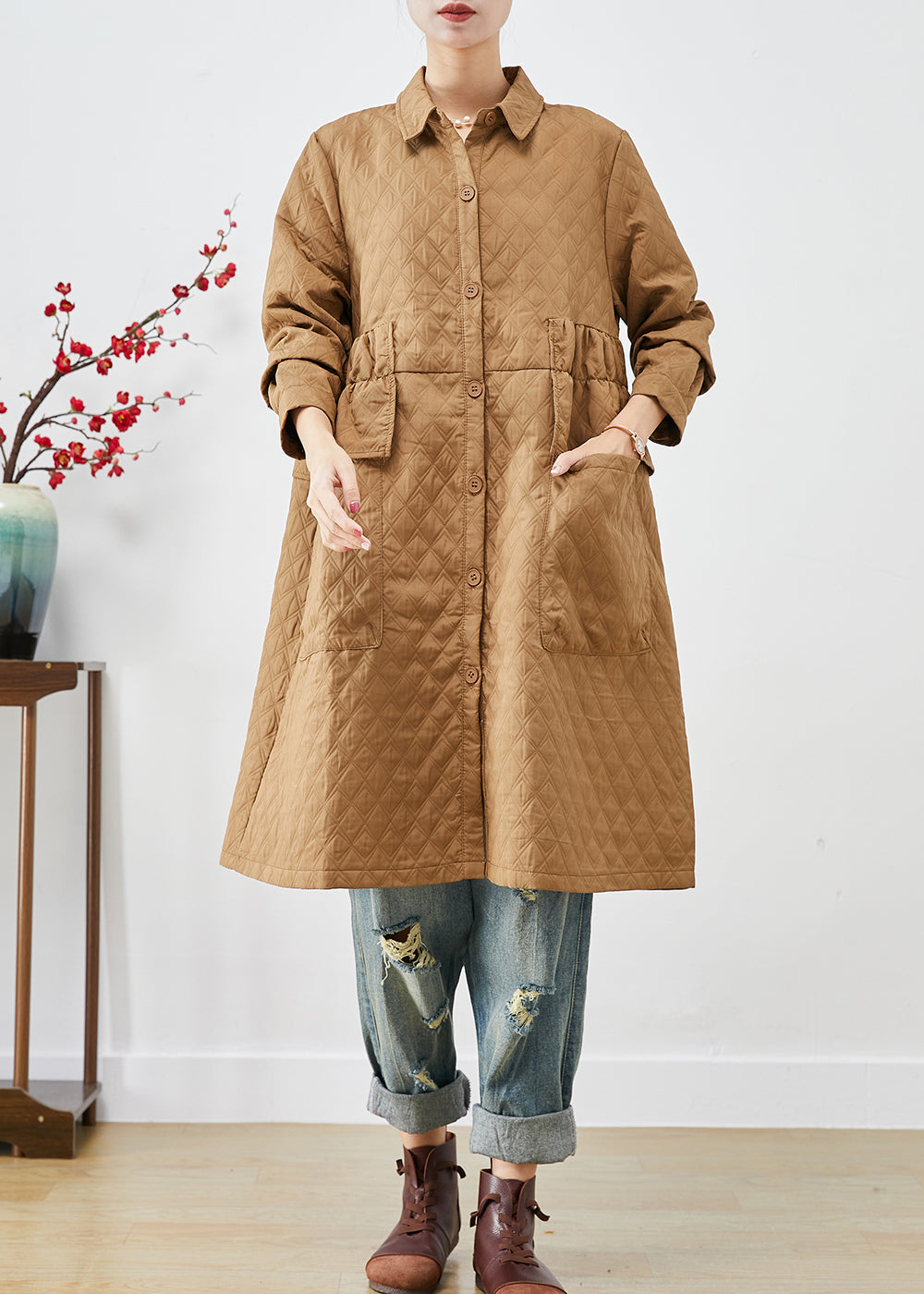 Khaki Cinched Plaid Pockets Fine Cotton Filled Trench Winter