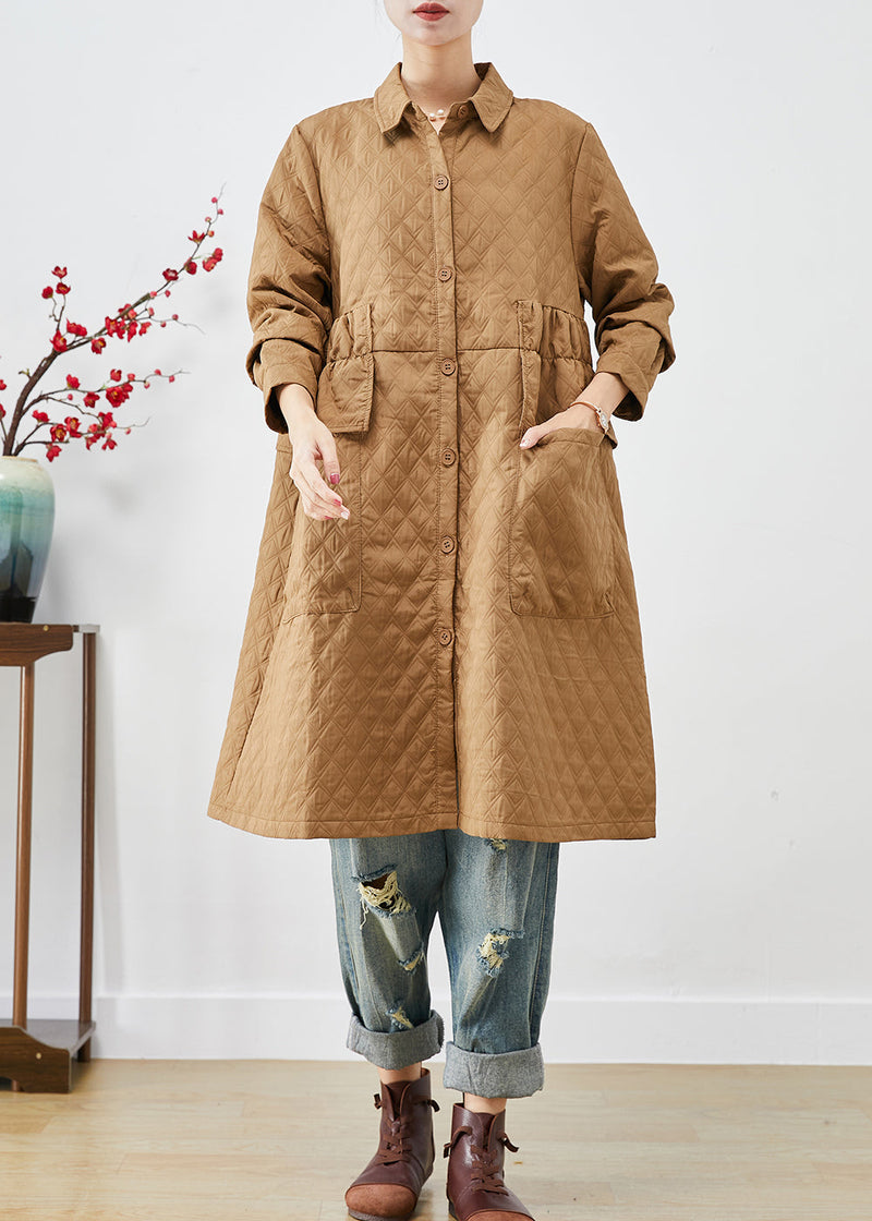 Khaki Cinched Plaid Pockets Fine Cotton Filled Trench Winter