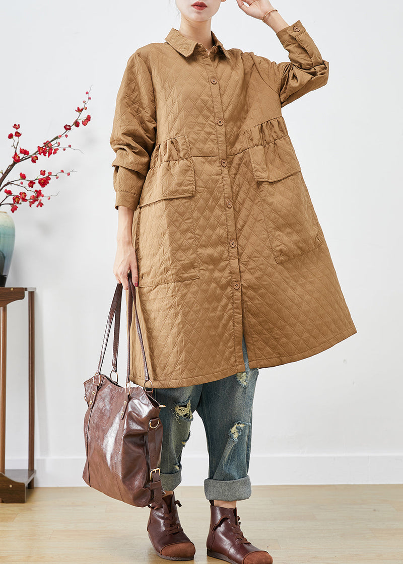 Khaki Cinched Plaid Pockets Fine Cotton Filled Trench Winter