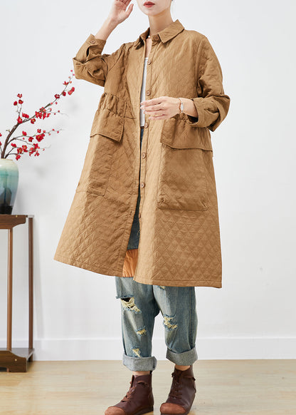 Khaki Cinched Plaid Pockets Fine Cotton Filled Trench Winter