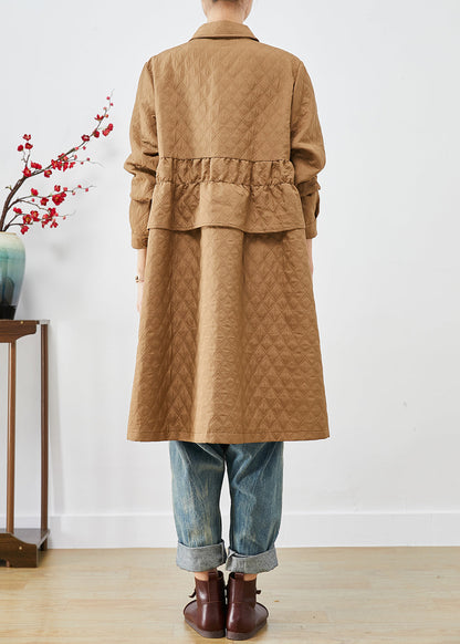 Khaki Cinched Plaid Pockets Fine Cotton Filled Trench Winter