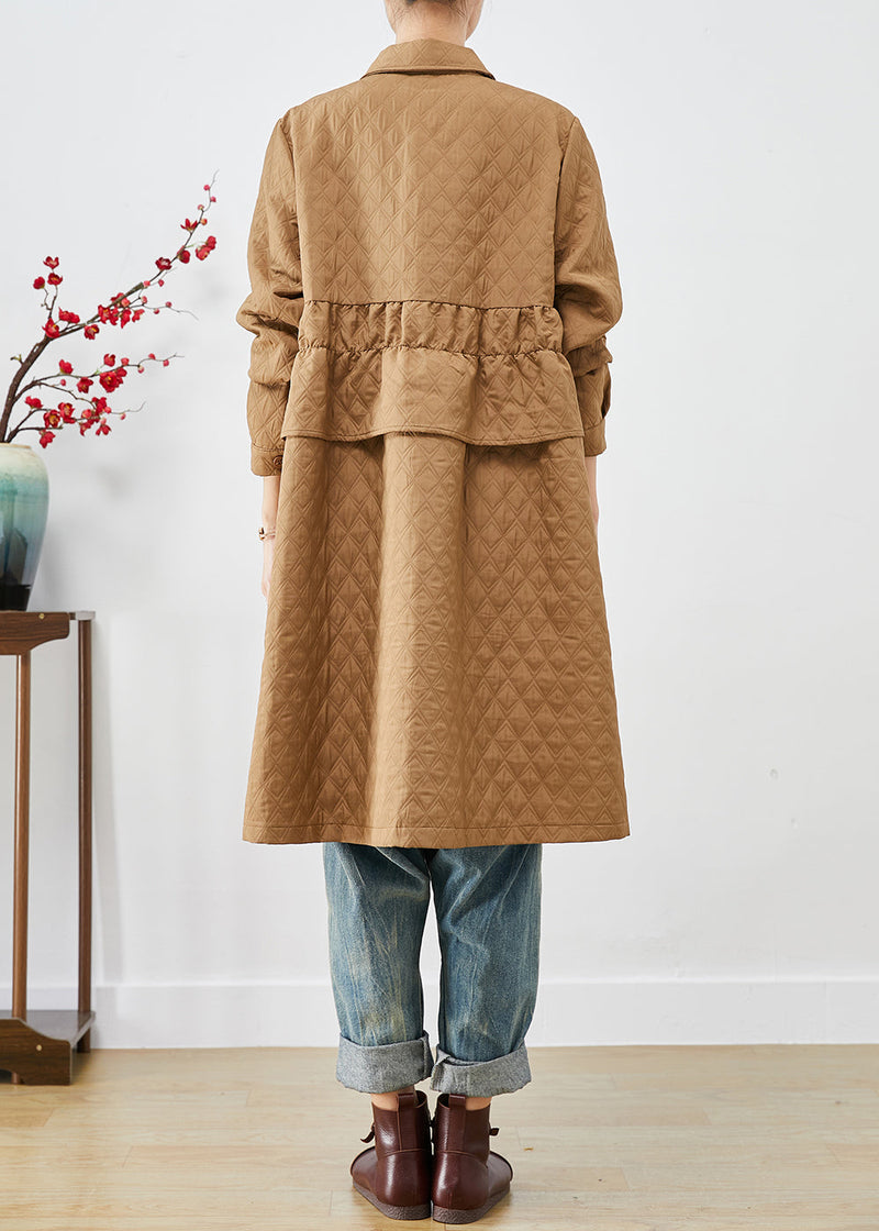 Khaki Cinched Plaid Pockets Fine Cotton Filled Trench Winter