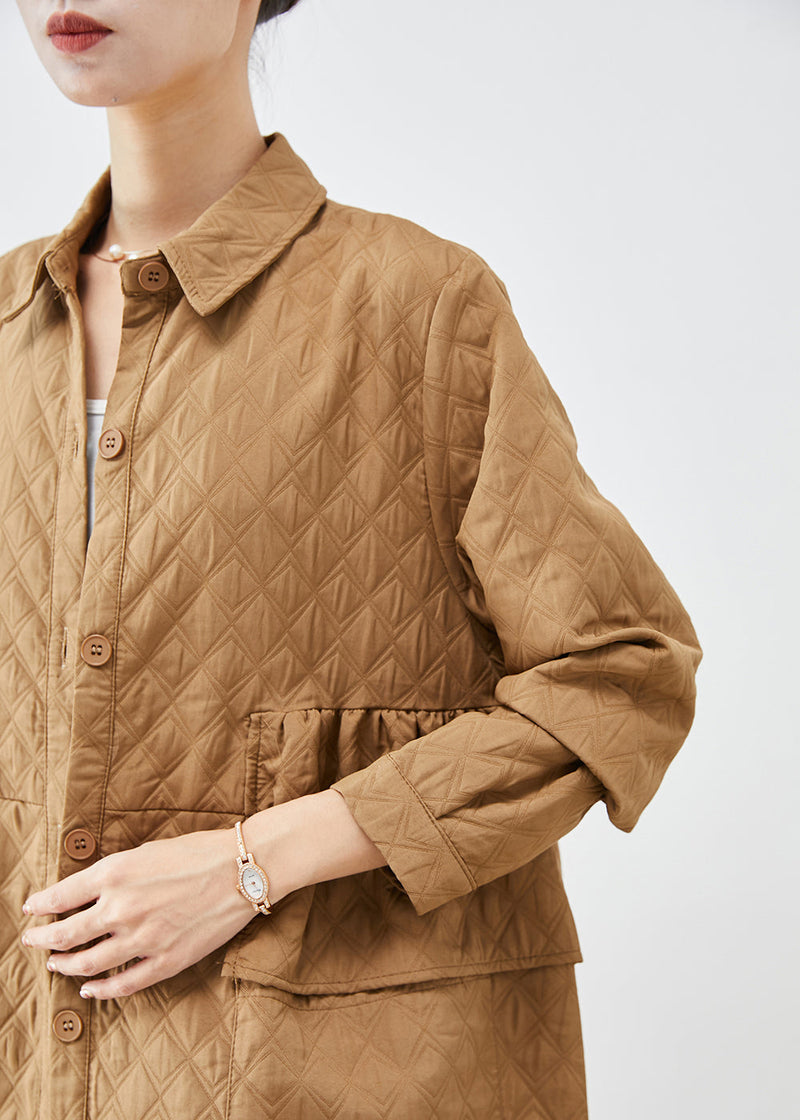Khaki Cinched Plaid Pockets Fine Cotton Filled Trench Winter