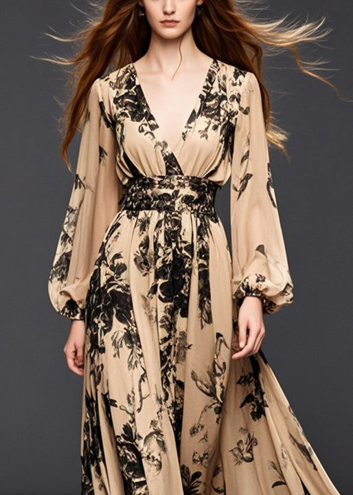 Khaki Cinched Print Chiffon Dresses Spring
