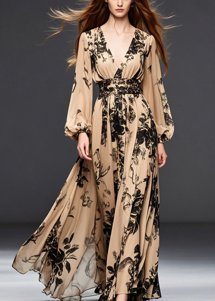 Khaki Cinched Print Chiffon Dresses Spring