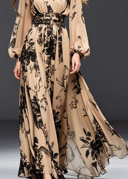 Khaki Cinched Print Chiffon Dresses Spring