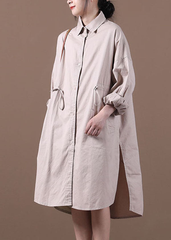 Khaki Drawstring Side Open Cotton Shirt Dress Long Sleeve