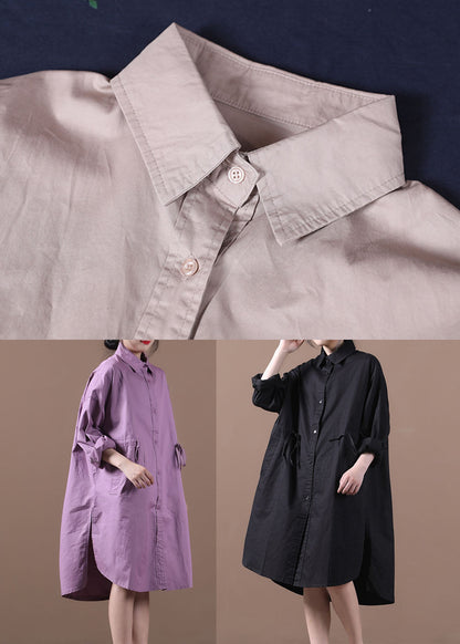 Khaki Drawstring Side Open Cotton Shirt Dress Long Sleeve