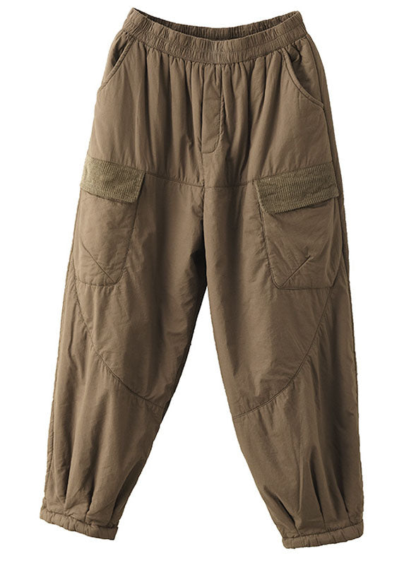 Khaki Elastic Waist Patchwork Fine Cotton Filled Harem Pants Winter