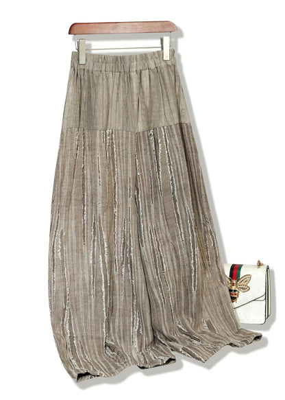 Khaki Elastic Waist Patchwork Linen Skirts Fall