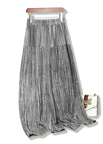 Khaki Elastic Waist Patchwork Linen Skirts Fall