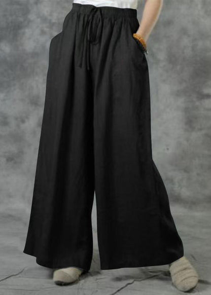 Khaki Elastic Waist Pockets Wide Leg Pants Summer