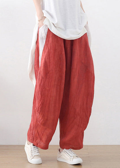 Khaki Elastic Waist Wrinkled Patchwork Linen Harem Pants Summer