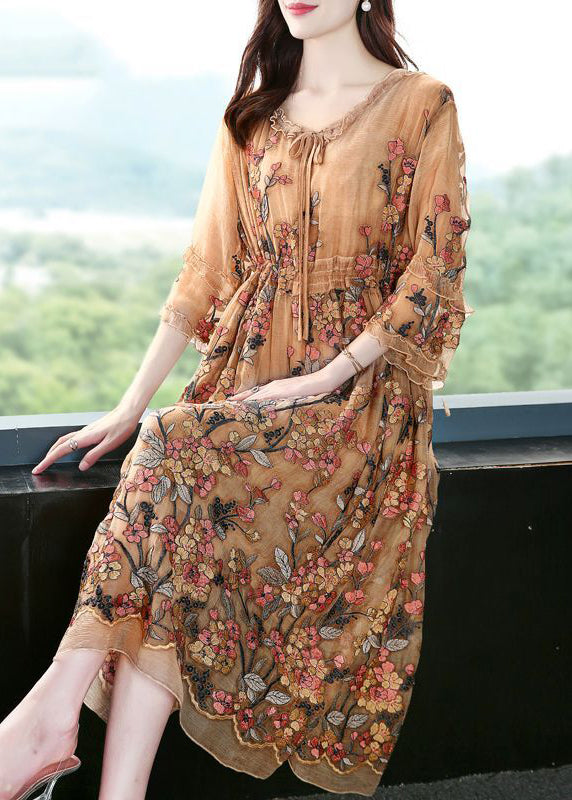 Khaki Embroideried Cinched Silk Maxi Dresses Bracelet Sleeve