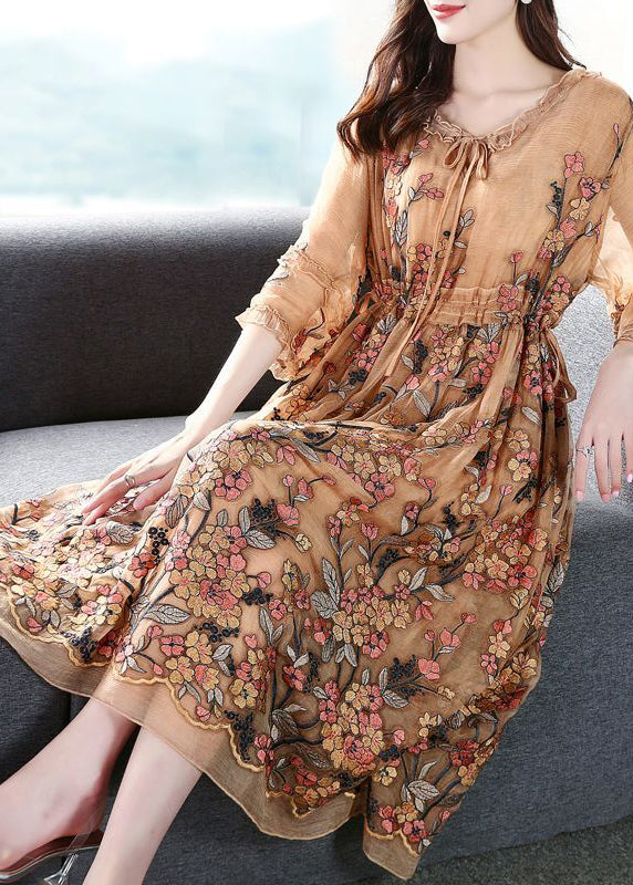 Khaki Embroideried Cinched Silk Maxi Dresses Bracelet Sleeve