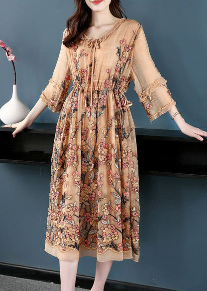 Khaki Embroideried Cinched Silk Maxi Dresses Bracelet Sleeve