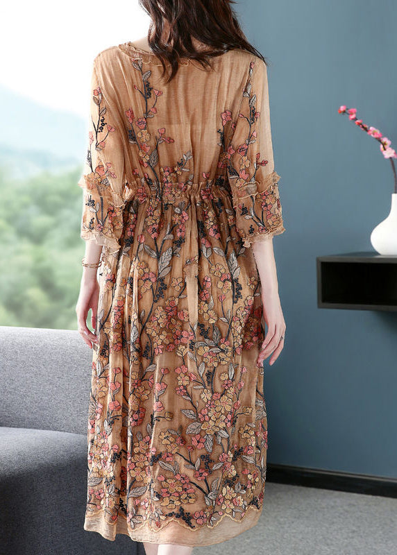 Khaki Embroideried Cinched Silk Maxi Dresses Bracelet Sleeve