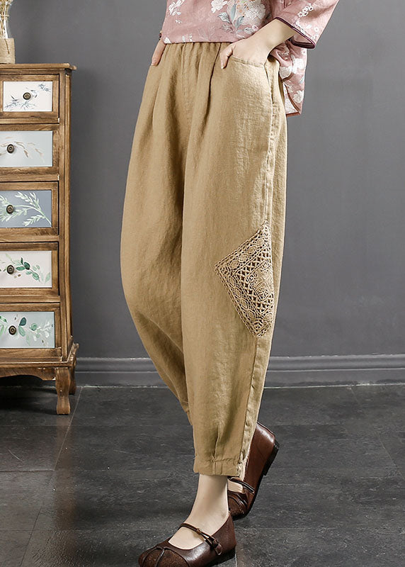 Khaki Embroidered Linen Crop Pants Summer